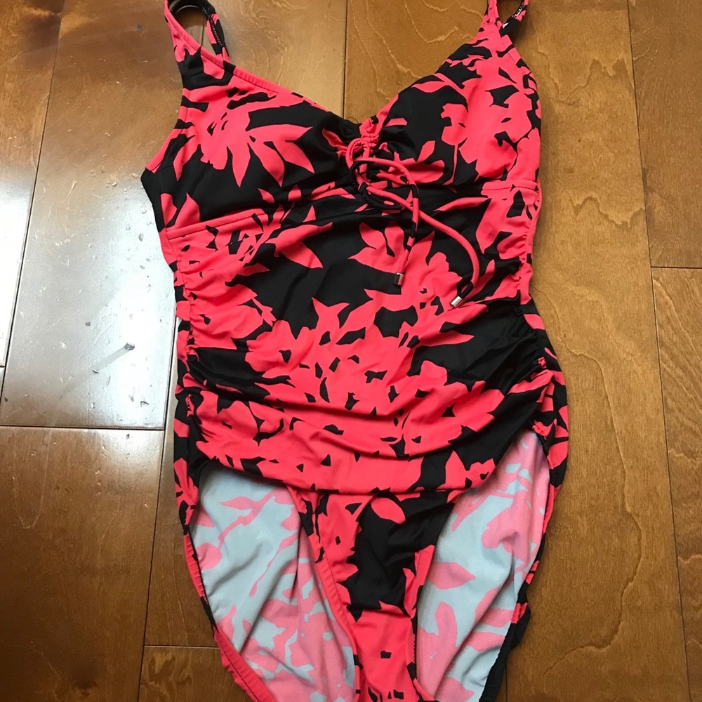 Black & Pink/Red Floral One-Piece Swim Suit